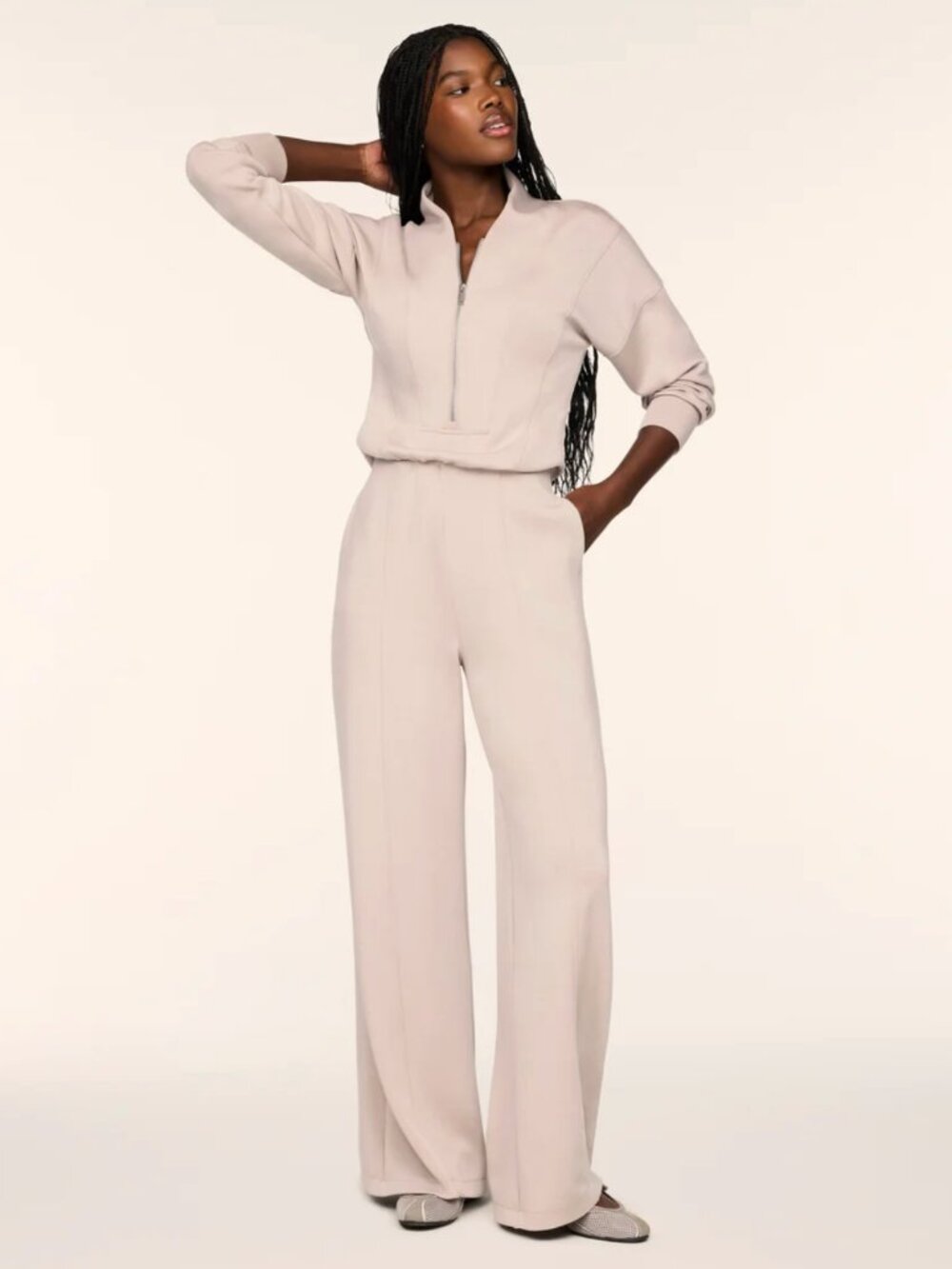 Spanx AirEssentials Long SLeeve Shawl Collar Jumpsuit Mushroom XS TALL NWT